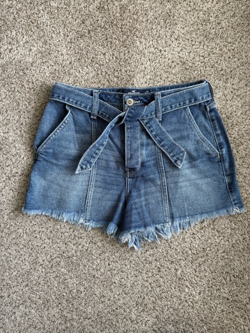 Hollister Classic Blue Tie-Belt Zipper Denim Shorts